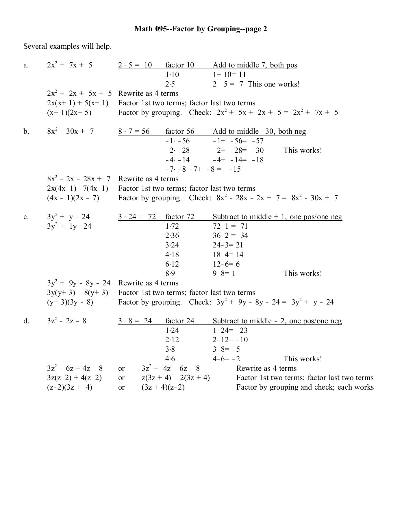 Factoring by Grouping Worksheet 7 5 Math 095 Factor by Grouping Page 1 Csn Pages 1