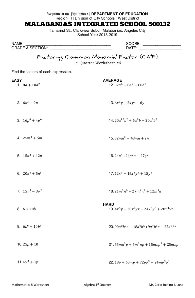 Factoring by Grouping Worksheet Answers Factoring the Mon Monomial Factor Worksheet
