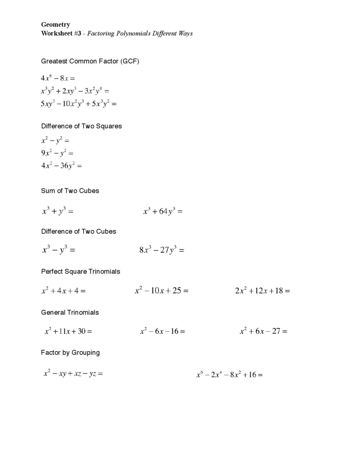 Factoring Difference Of Squares Worksheet 3 Factoring Polynomials Different Ways by Hc Munications