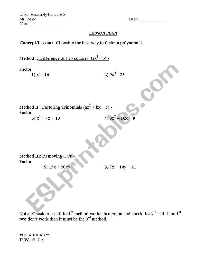 Factoring Difference Of Squares Worksheet English Worksheets Factor Review