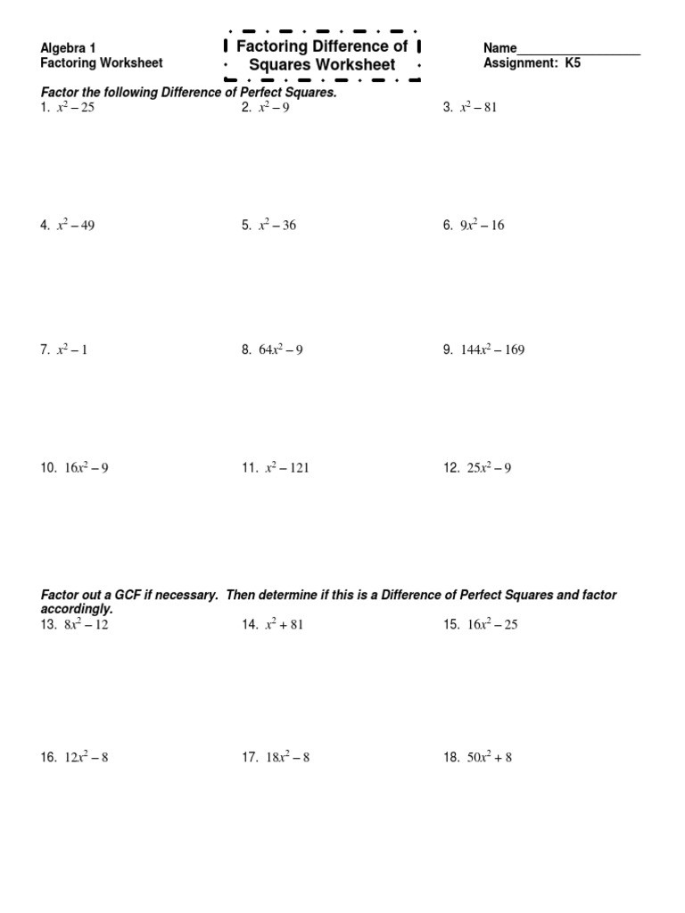 Factoring Difference Of Squares Worksheet Factoring Difference Of Squares Worksheet