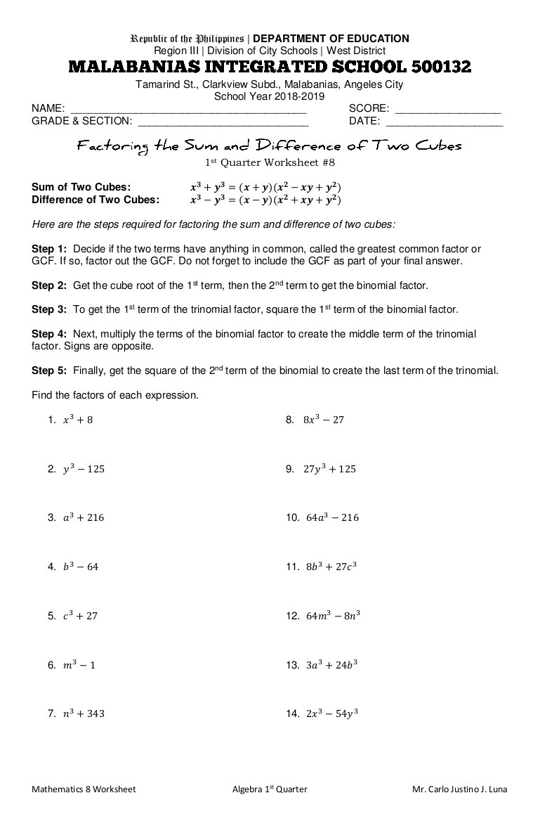 Factoring Difference Of Squares Worksheet Factoring the Sum and Difference Of Two Cubes Worksheet