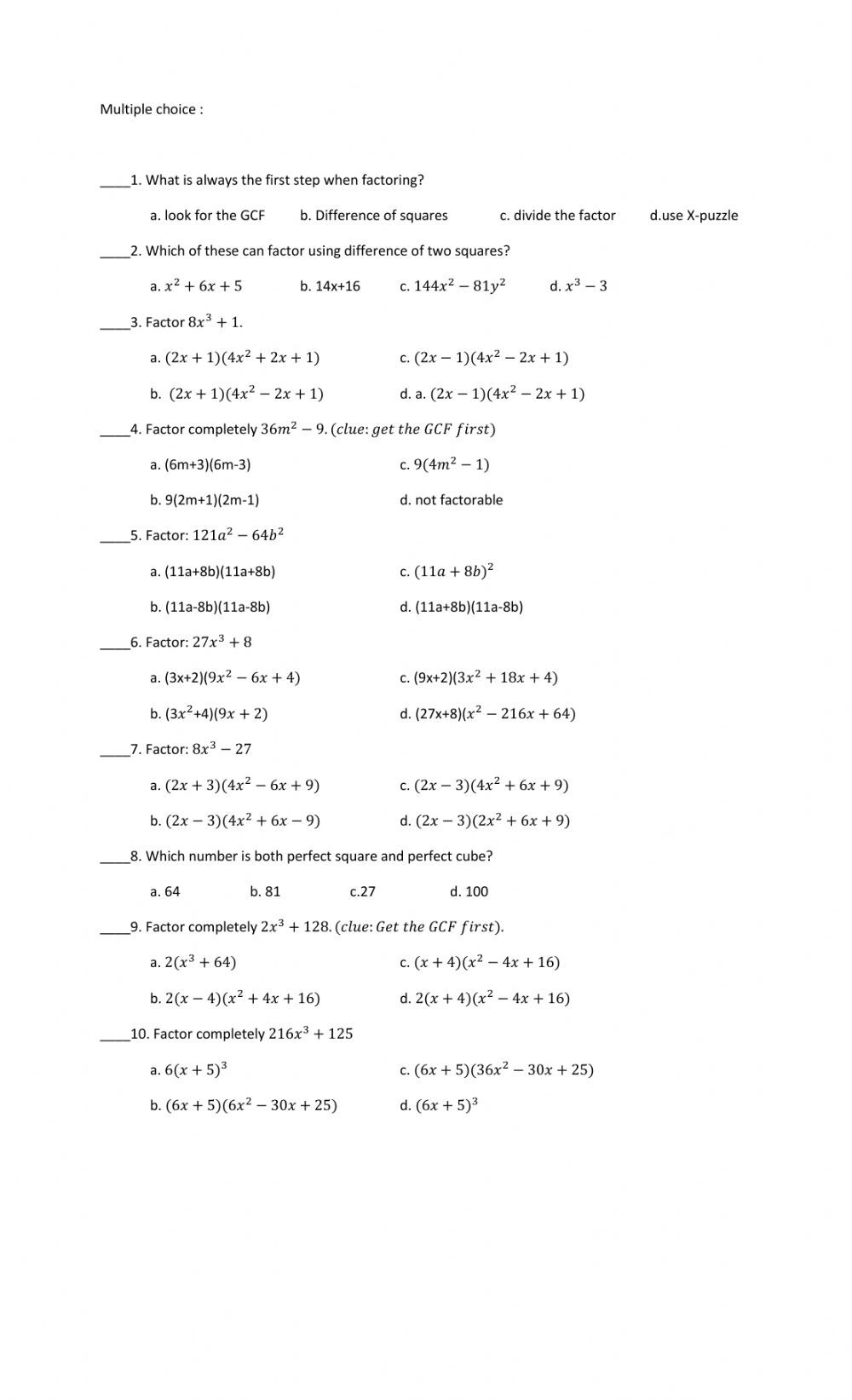 Factoring Difference Of Squares Worksheet Refresher 2 Precal Interactive Worksheet