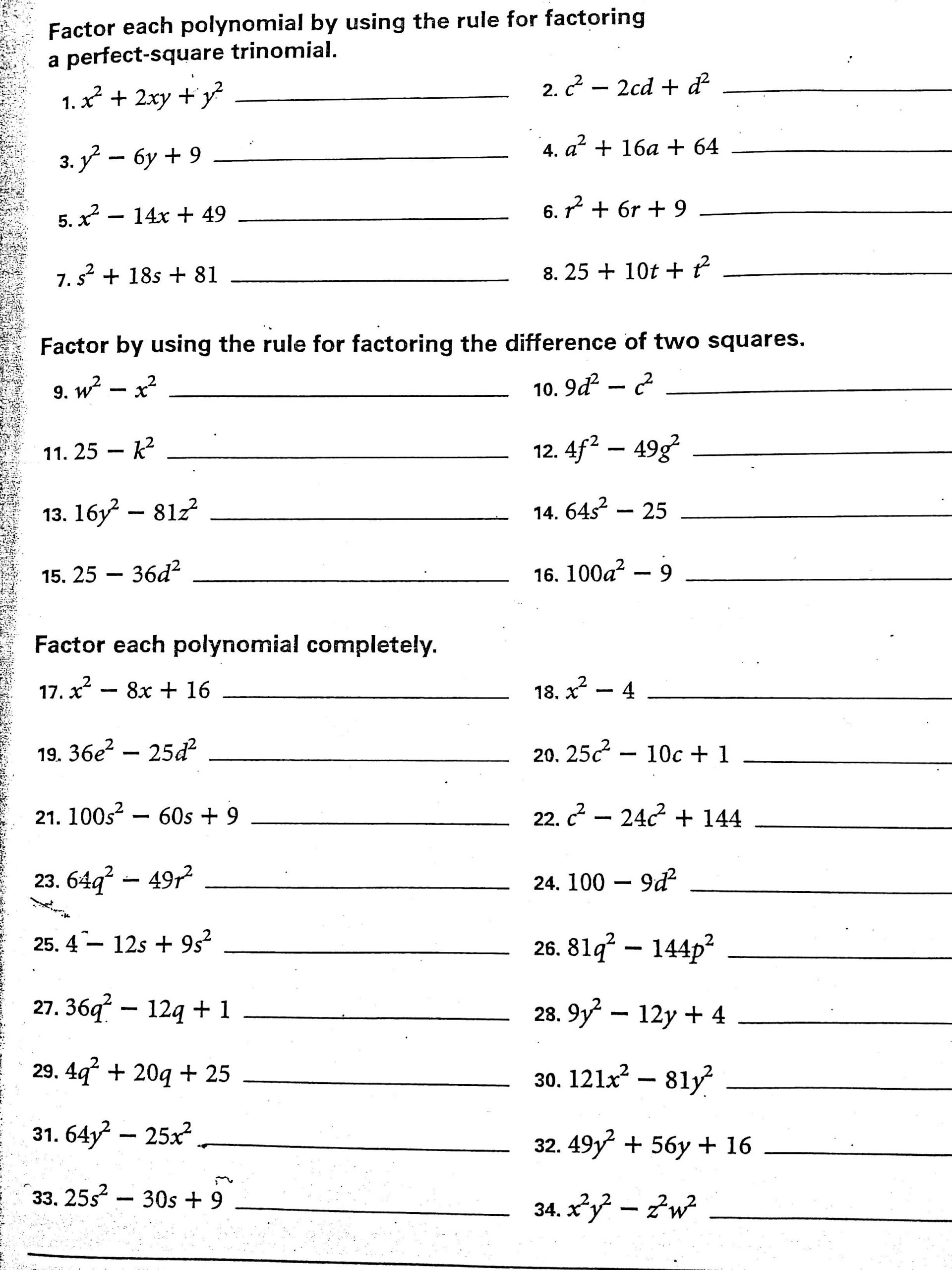 Factoring Difference Of Squares Worksheet Week Of 10 15 10 19 Swenson Math