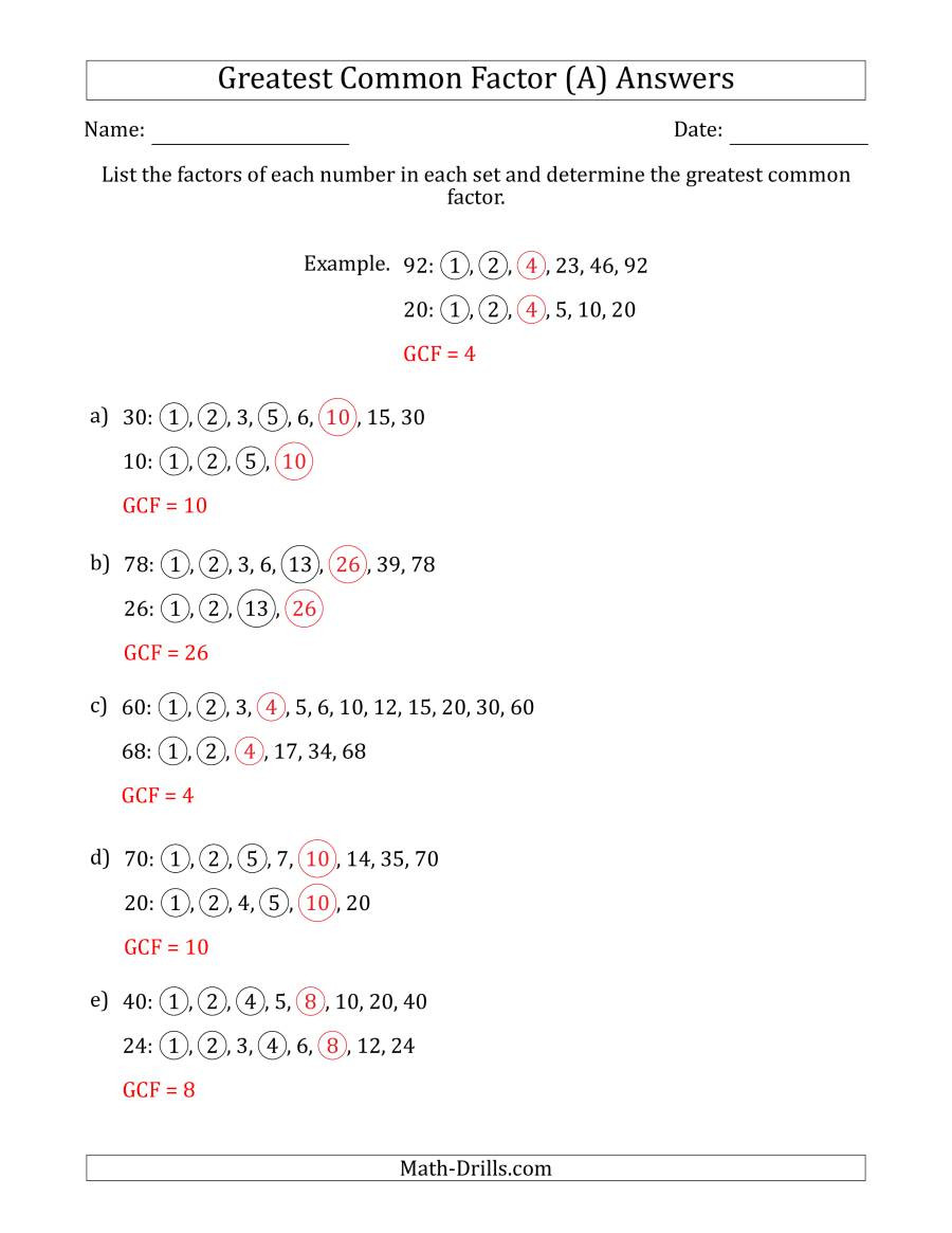 Factoring Greatest Common Factor Worksheet Determining Greatest Mon Factors Of Sets Of Two Numbers