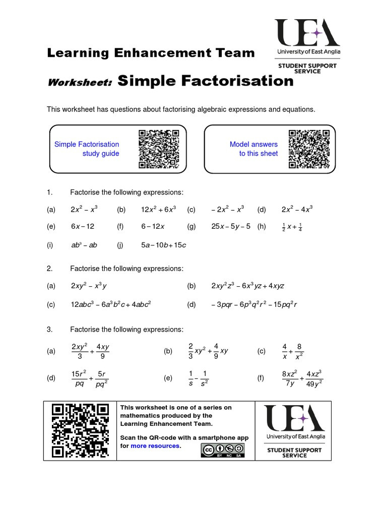 Factoring Linear Expressions Worksheet Steps Into Algebra Simple Factorisation Worksheet