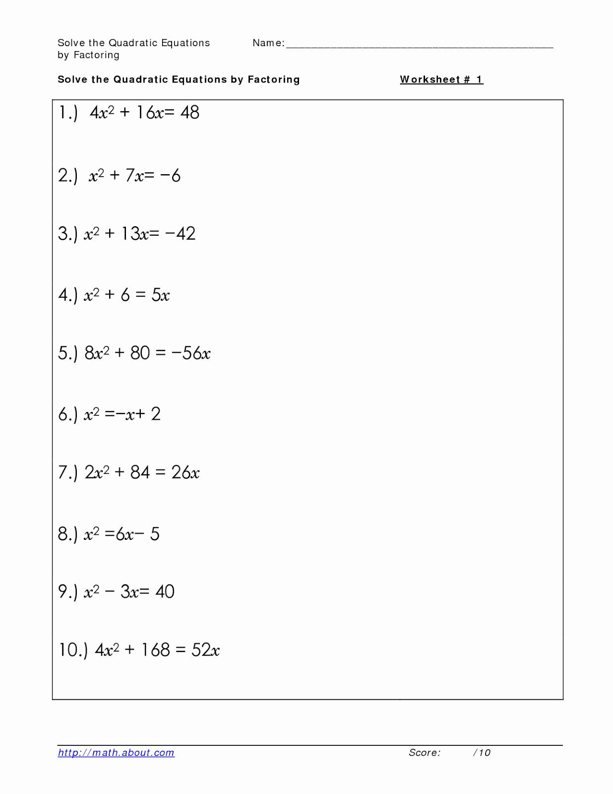 Factoring Quadratic Equations Worksheet 50 solve by Factoring Worksheet In 2020
