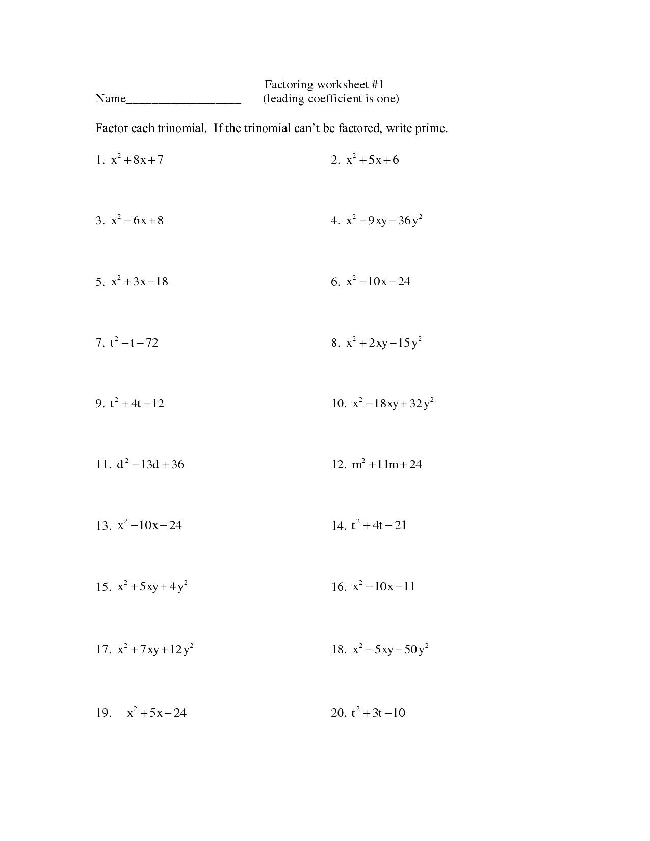 Factoring Quadratic Trinomials Worksheet Factoring Trinomials Worksheet A 1 Nidecmege