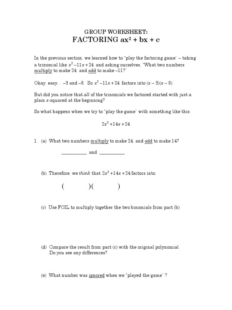 Factoring Quadratic Trinomials Worksheet Group Worksheet Factoring with A Leading Coefficient