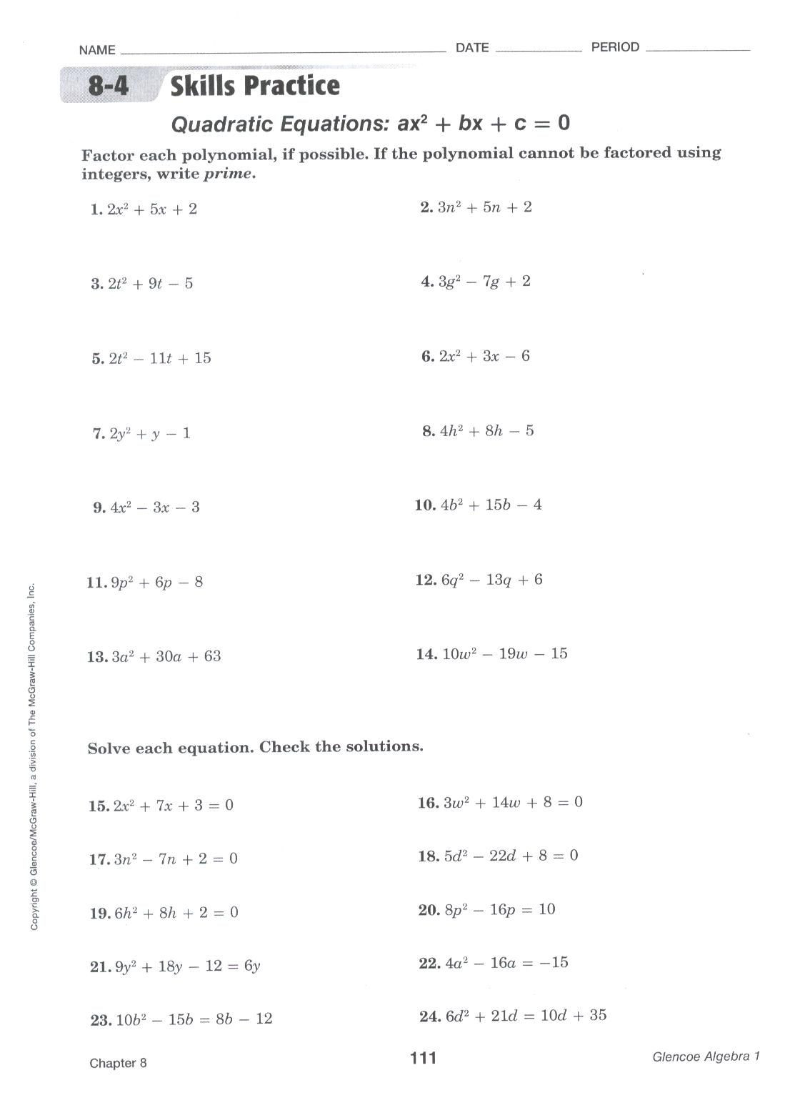 Factoring Quadratic Trinomials Worksheet Quadratic formula Worksheet Yahoo Image Search Results