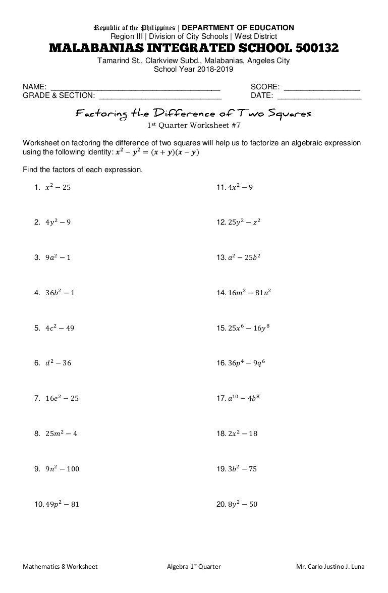 Factoring Trinomials Worksheet Answer Key Factoring the Difference Of Two Squares Worksheet