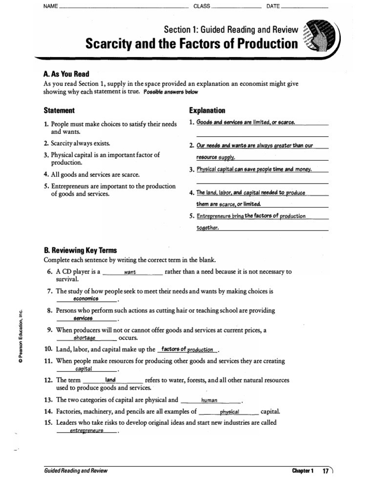 Factors Of Production Worksheet Section 1 Guided Review Market Economy