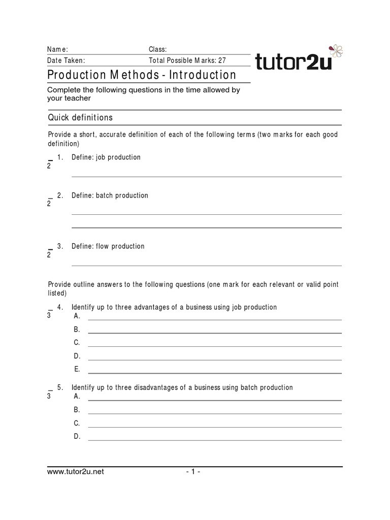 Factors Of Production Worksheet Tutor2u Production Methods Introduction Worksheet