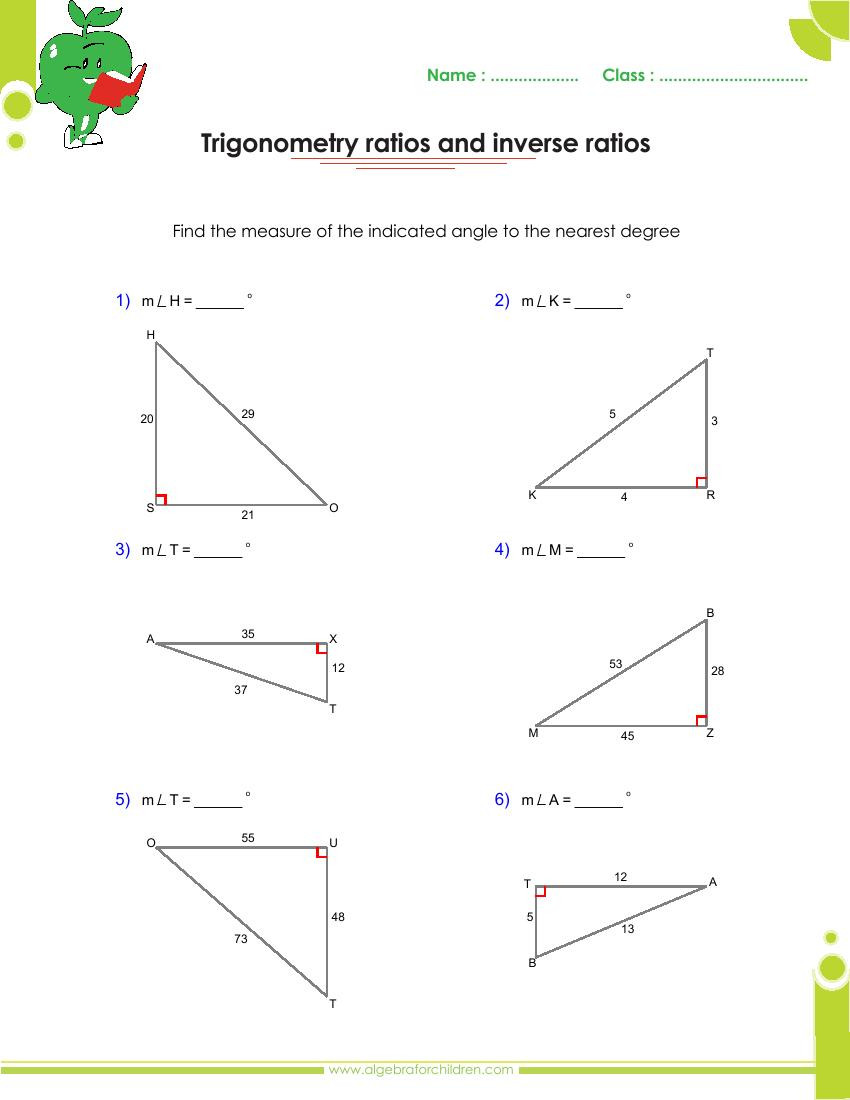 Find the Missing Angle Worksheet Basics Trigonometry Problems and Answers Pdf for Grade 10