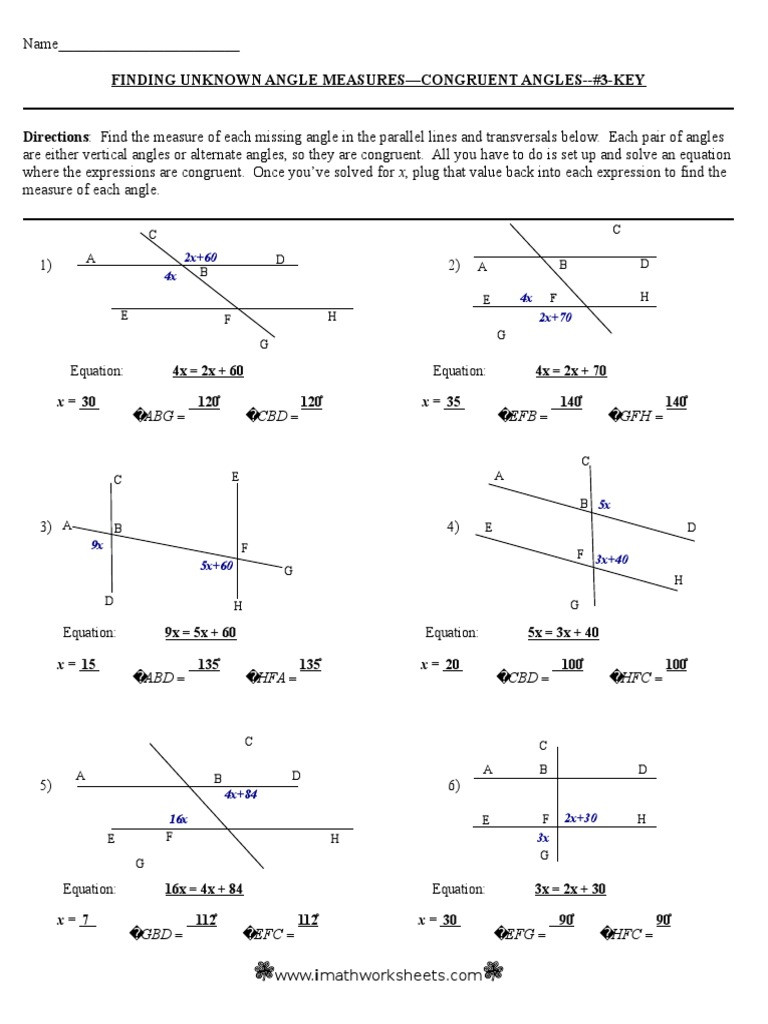 Finding Angle Measures Worksheet Finding Unkown Angle Measures 3 Key Rtf