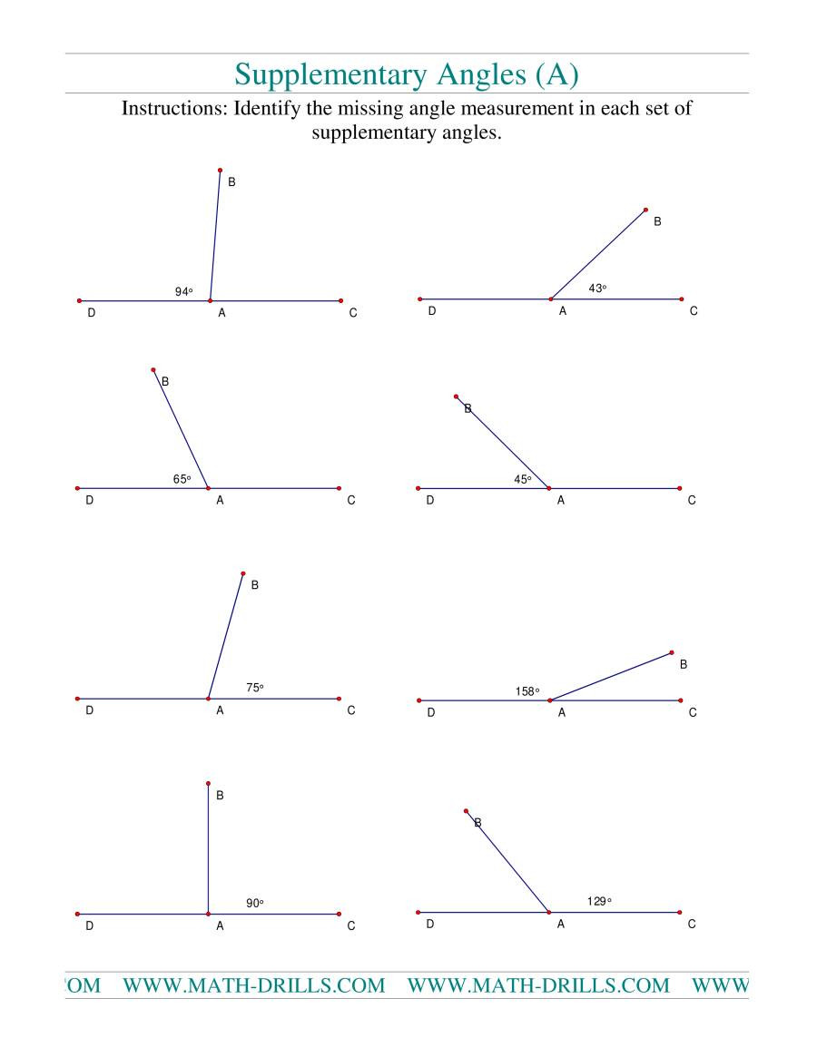 Finding Missing Angles Worksheet Supplementary Angles A