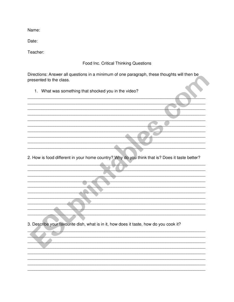 Food Inc Movie Worksheet Answers Food Inc Documentary Critical Thinking Question Esl