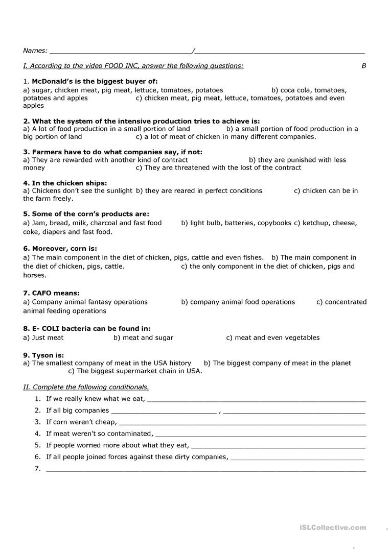 Food Inc Movie Worksheet Answers Food Inc English Esl Worksheets for Distance Learning and