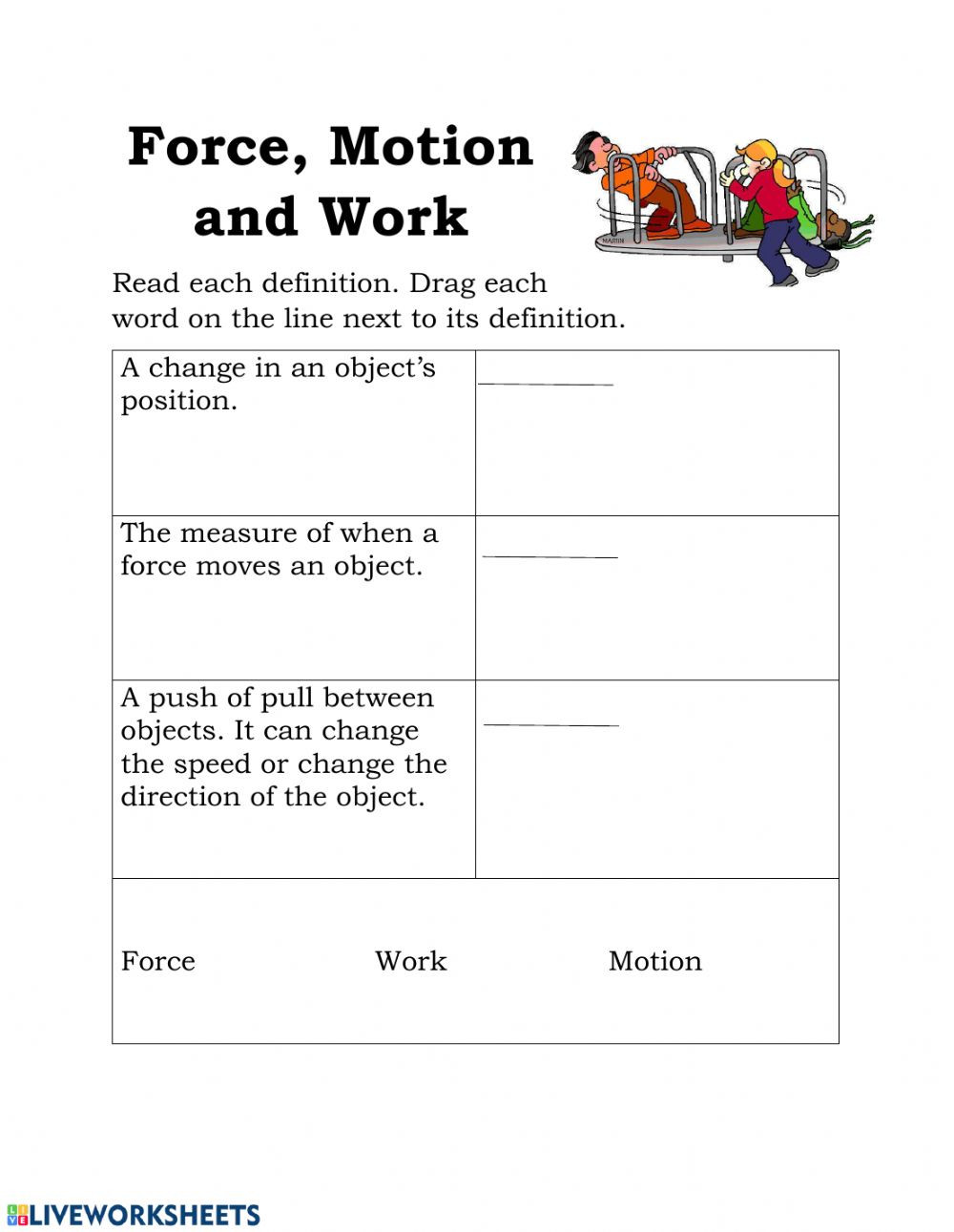 Forces and Motion Worksheet force Work and Motion Interactive Worksheet