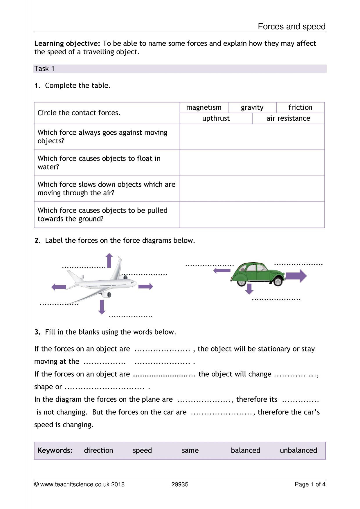Forces and Motion Worksheet Ks3 forces and Motion