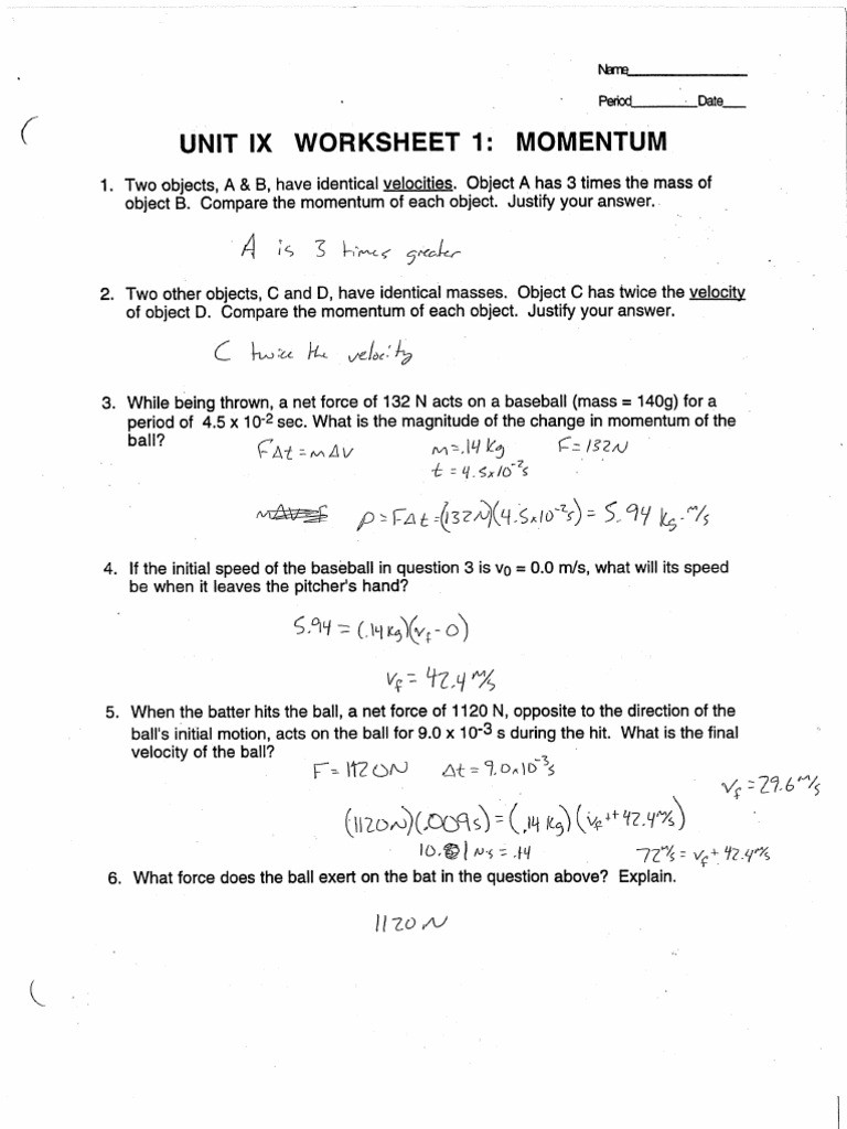 Forces Worksheet 1 Answer Key Wsanswers Momentum