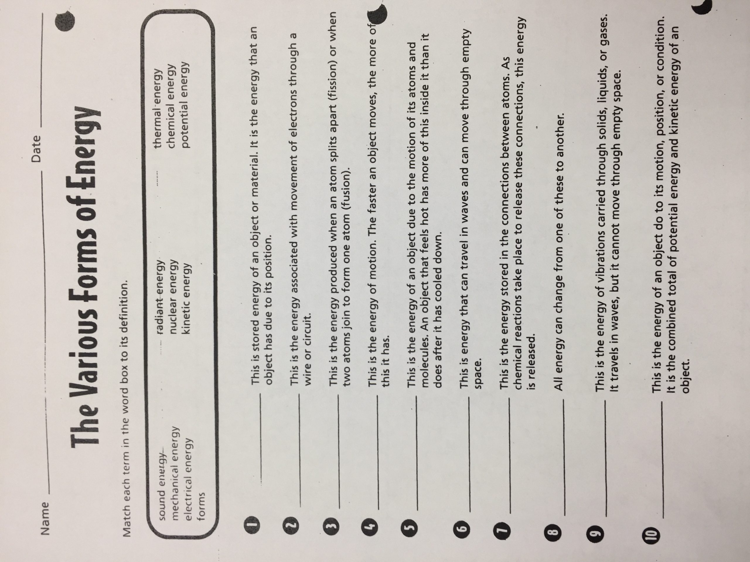 Forms Of Energy Worksheet Answers Michelle Hufstetler Bainbridge Middle School