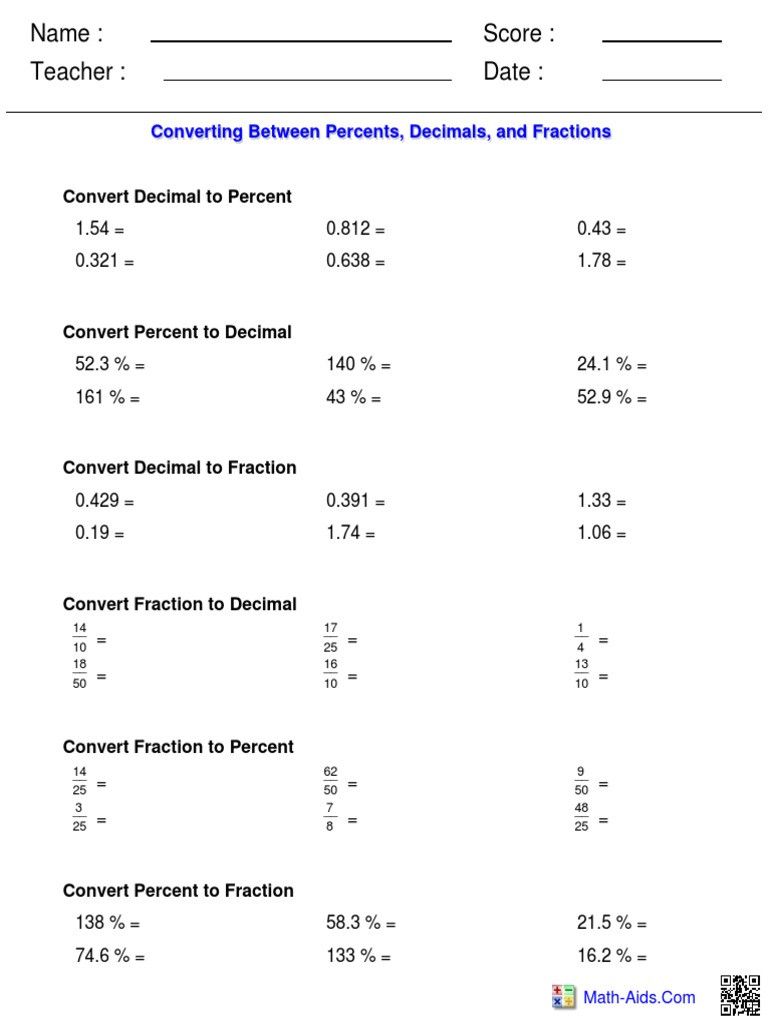 Fraction Decimal Percent Conversion Worksheet Percent Convert Fraction Mathematics