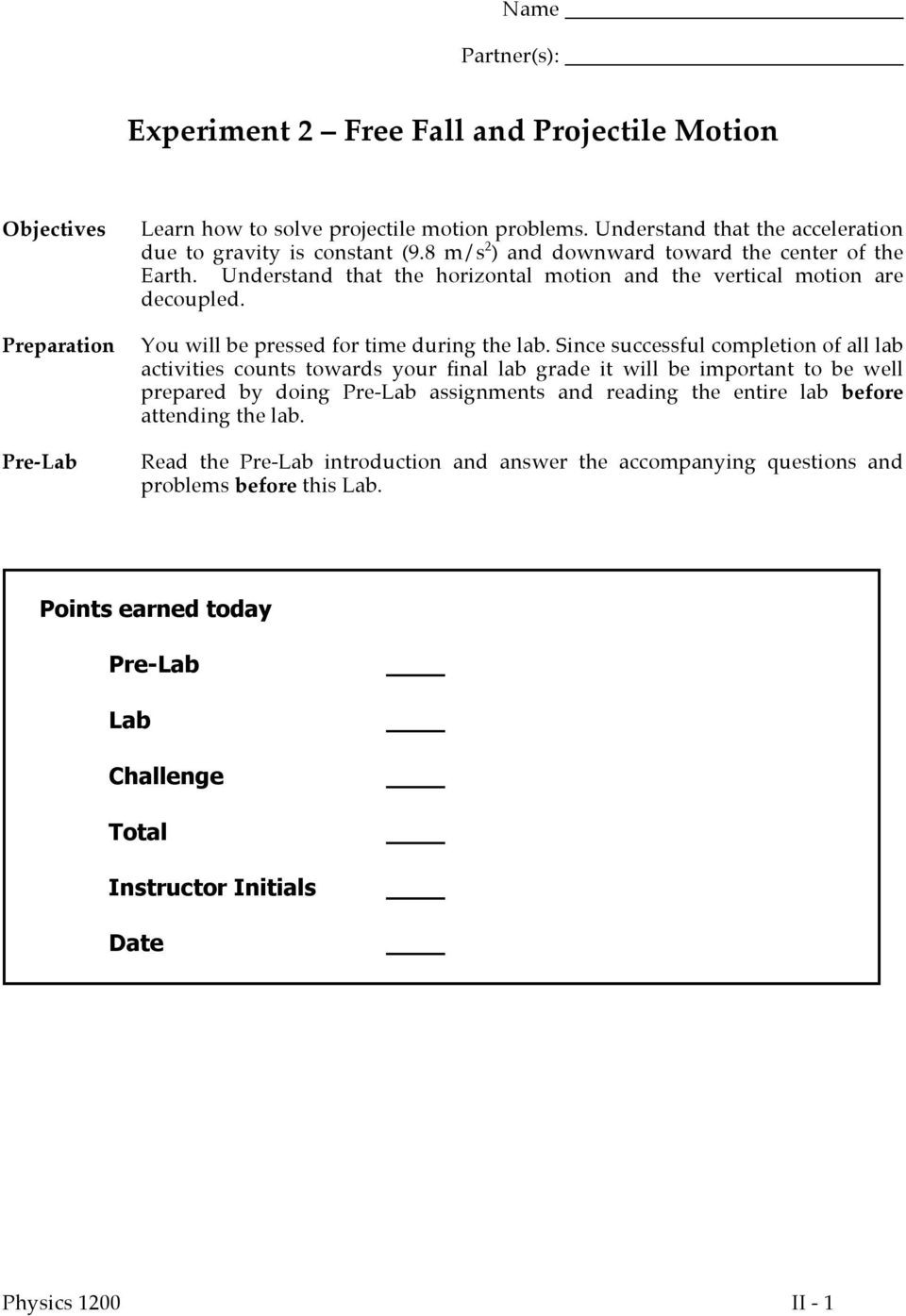 Free Fall Problems Worksheet Experiment 2 Free Fall and Projectile Motion Pdf Free Download