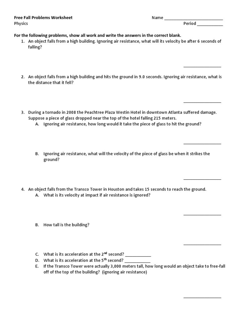 Free Fall Problems Worksheet Free Fall Practice Problems 2