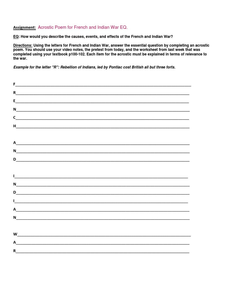 French and Indian War Worksheet Acrostic French Indian War