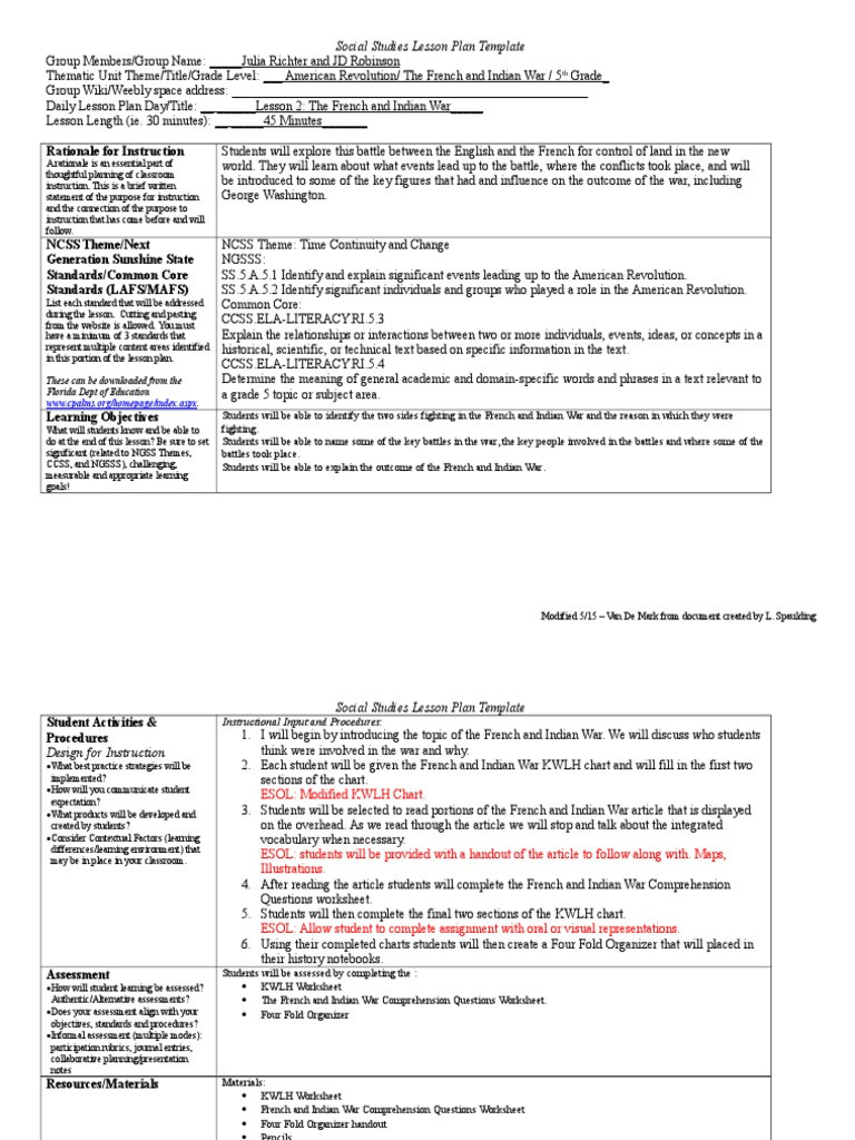 French and Indian War Worksheet Day 2 Lesson Lesson Plan