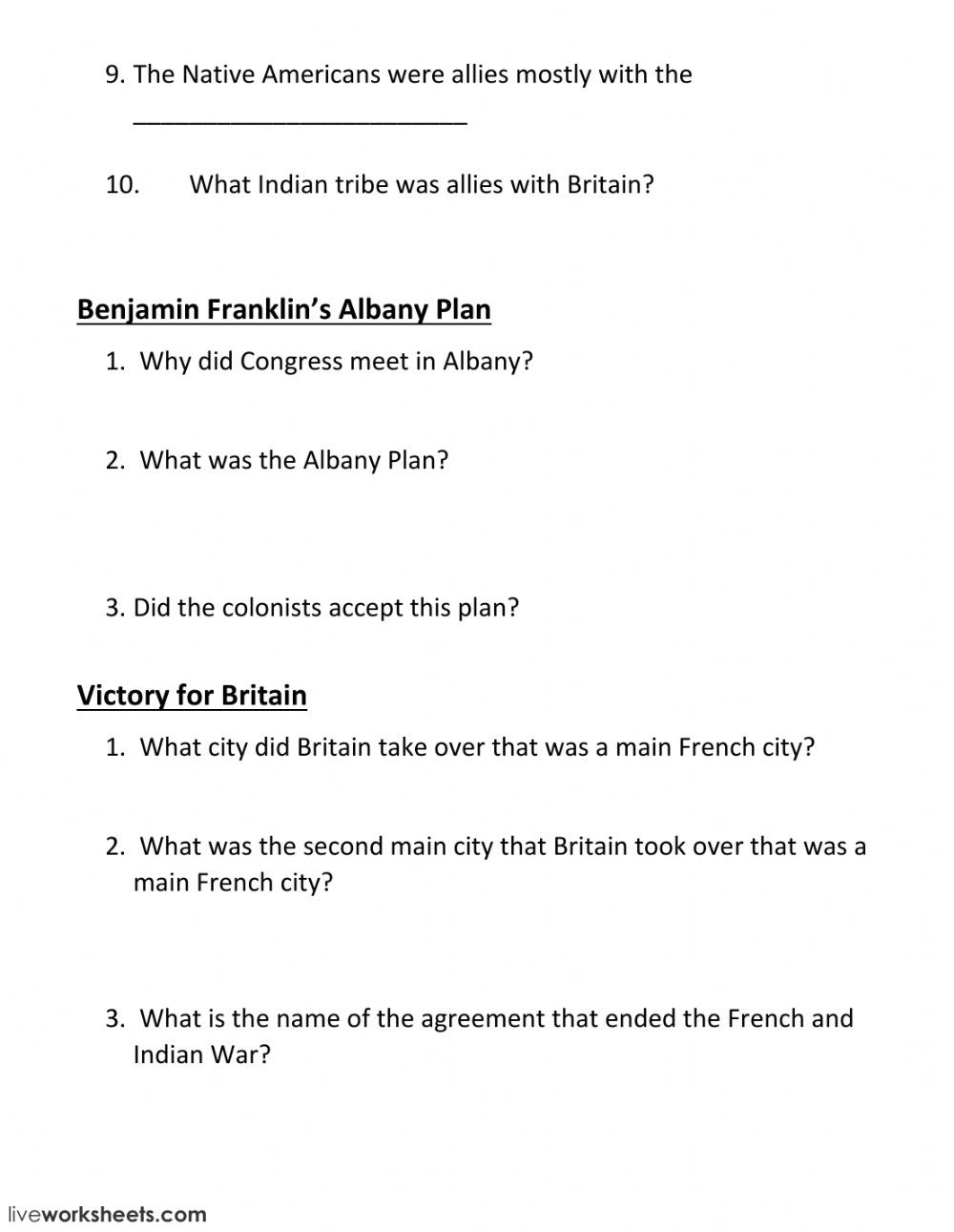 French and Indian War Worksheet French and Indian War Interactive Worksheet