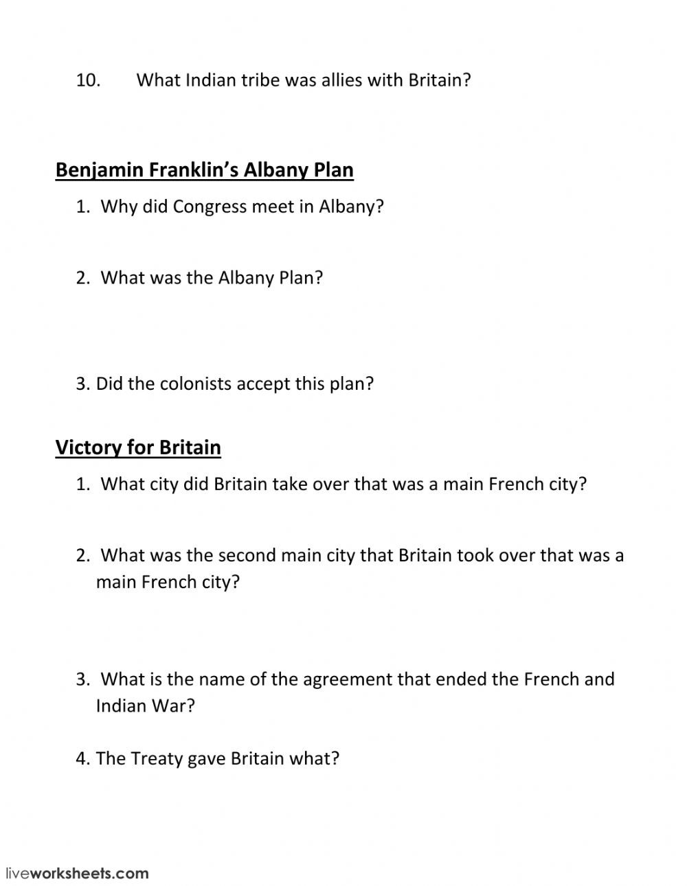 French and Indian War Worksheet French and Indian War Worksheet