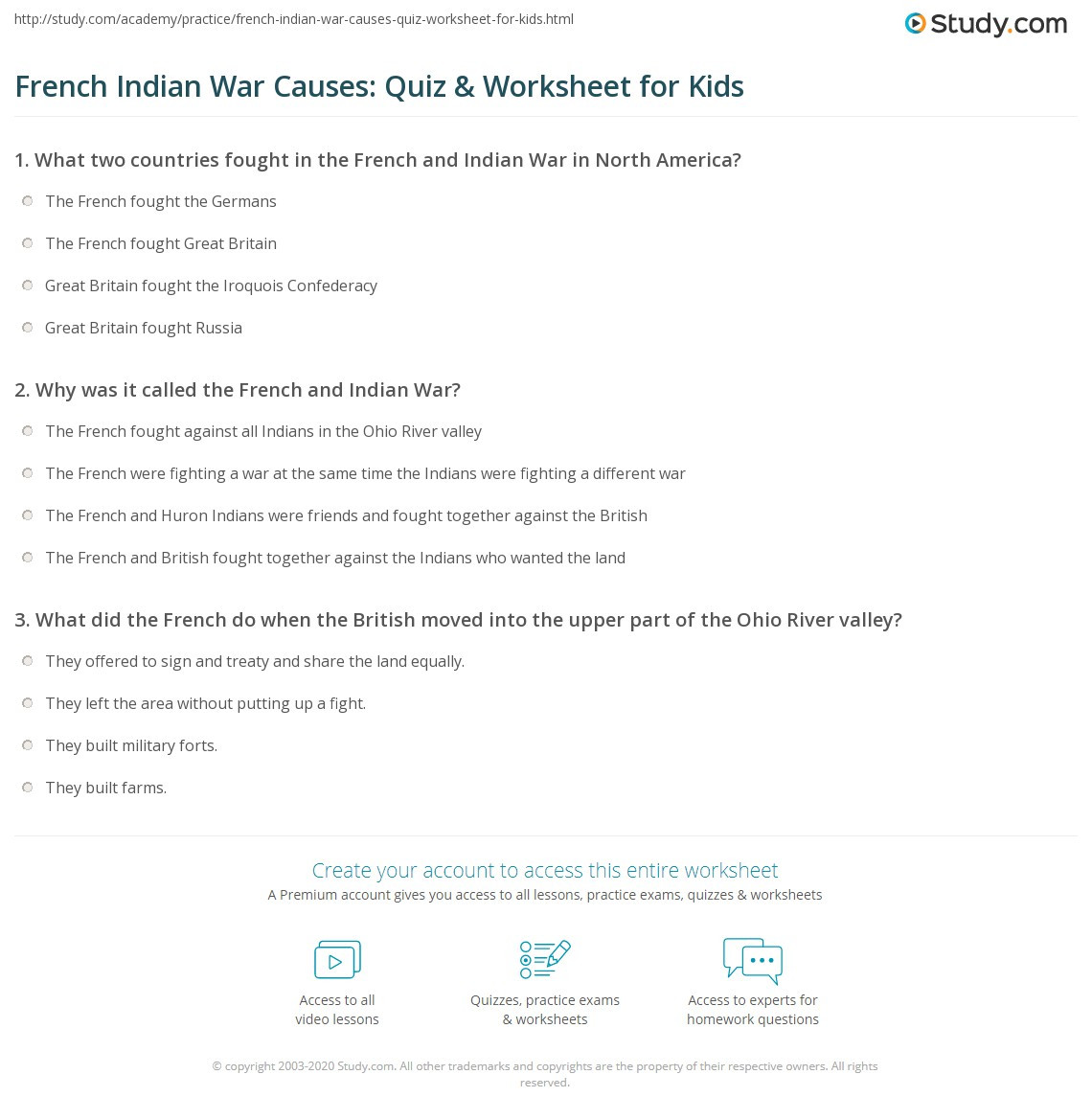 French and Indian War Worksheet French Indian War Causes Quiz &amp; Worksheet for Kids