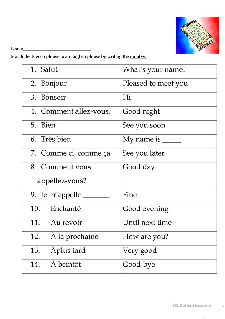 French Worksheet for Kids French Greetings Match English Esl Worksheets for Distance