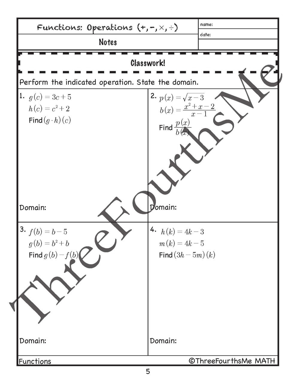 Function Operations and Composition Worksheet Operation Of Functions Add Subtract Multiply Divide and Position Bundle
