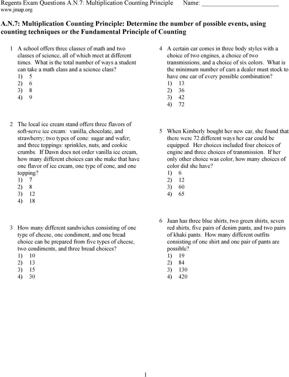 Fundamental Counting Principle Worksheet A N 7 Multiplication Counting Principle Determine the