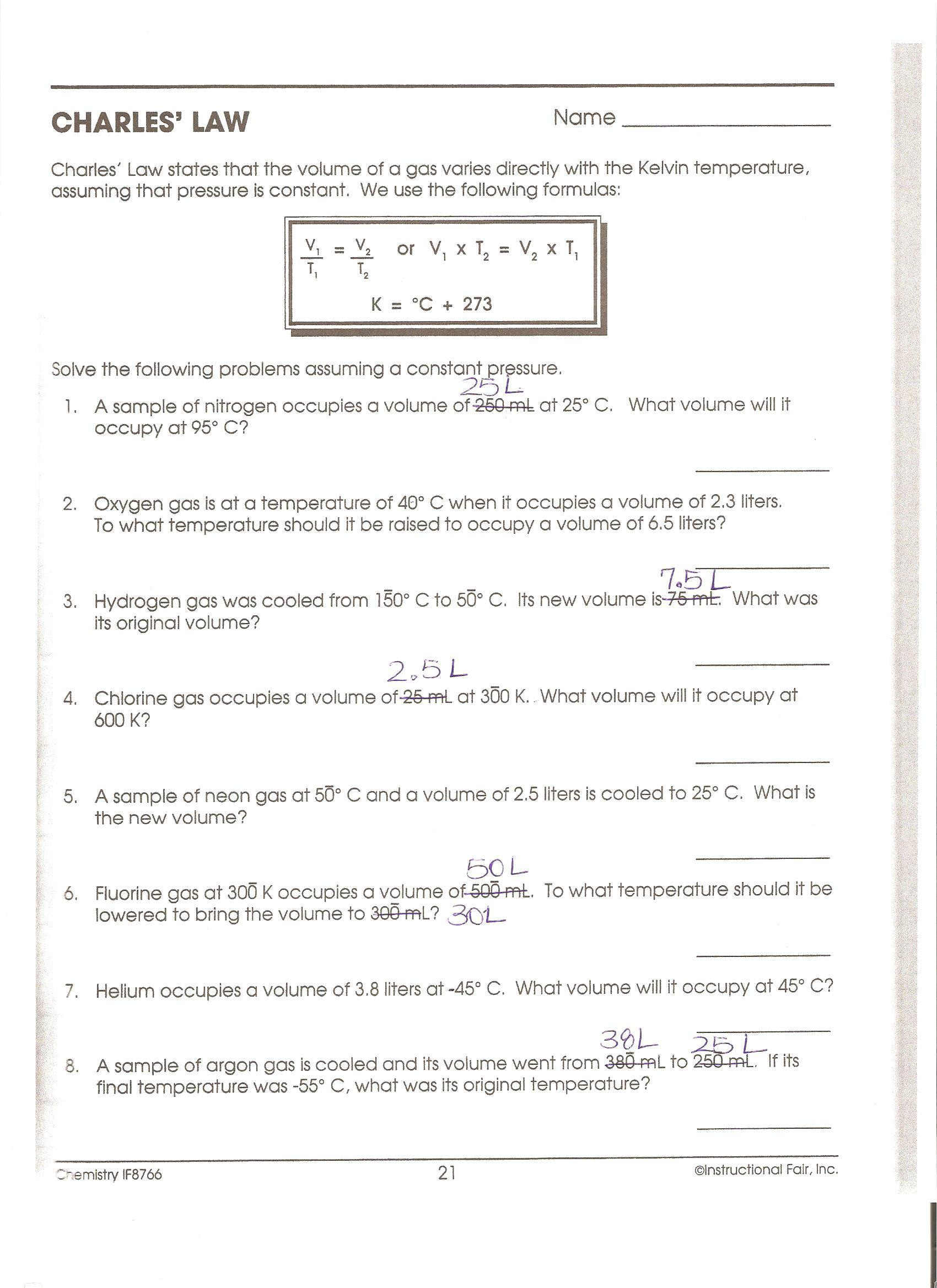 Gas Variables Worksheet Answers Gas Law Worksheet Boyles Charles and Bined Gas Laws
