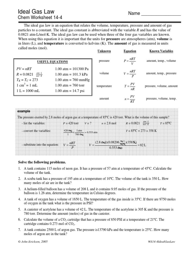 Gas Variables Worksheet Answers Ideal Gas Law