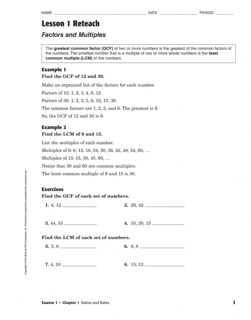Gcf and Lcm Worksheet Factors and Multiples Reteach Interactive Worksheet
