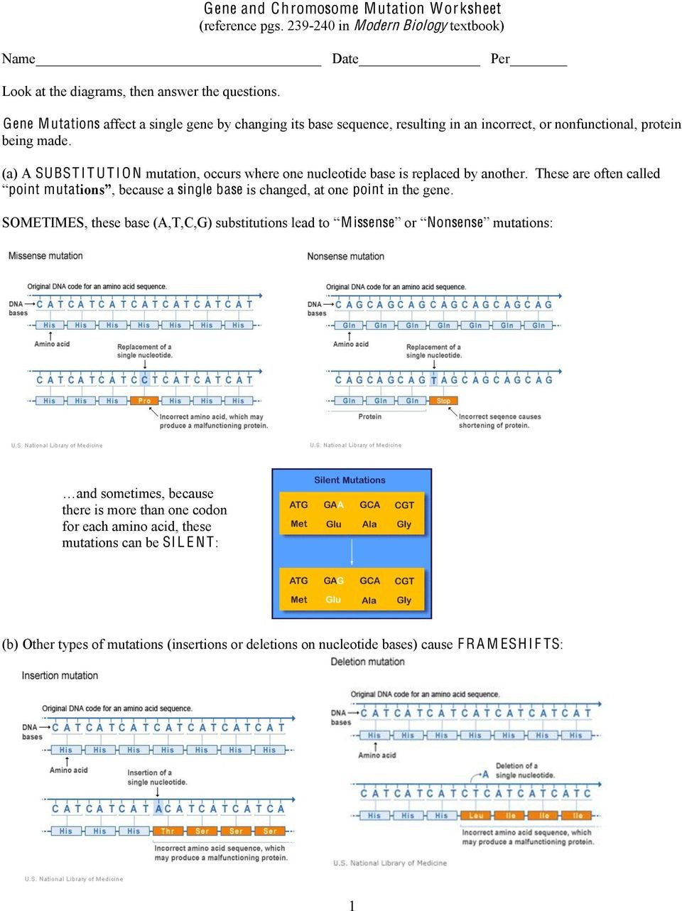 Gene and Chromosome Mutation Worksheet Gene and Chromosome Mutation Worksheet Reference Pgs In
