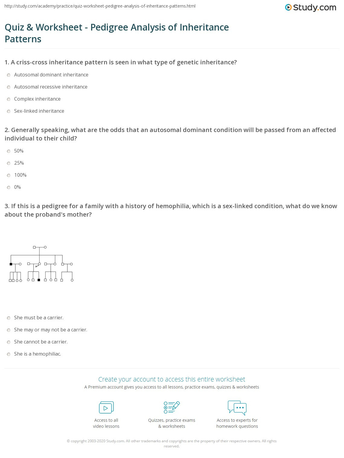 Genetics Worksheet Middle School Quiz &amp; Worksheet Pedigree Analysis Of Inheritance Patterns