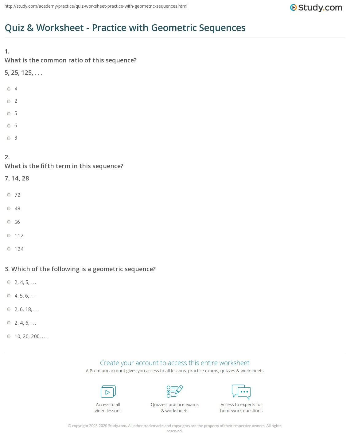 Geometric Sequence Worksheet Answers Quiz &amp; Worksheet Practice with Geometric Sequences