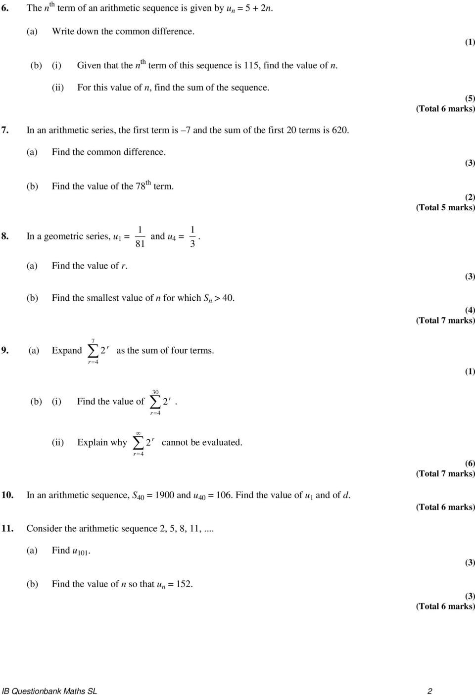 Geometric Sequences Worksheet Answers Ib Maths Sl Sequence and Series Practice Problems Mr W Name