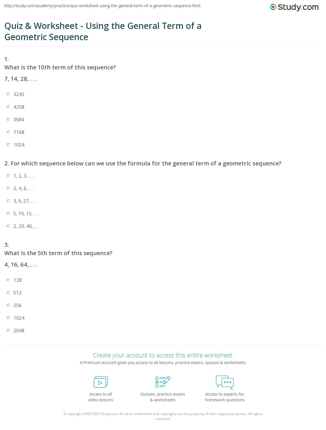 Geometric Sequences Worksheet Answers Quiz &amp; Worksheet Using the General Term Of A Geometric