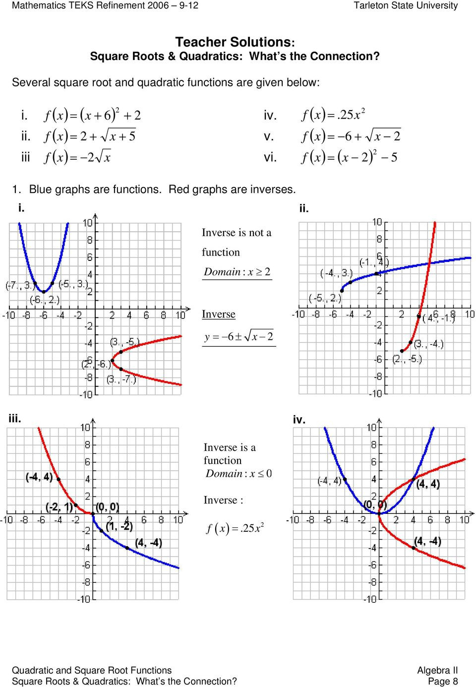 Graphing Inverse Functions Worksheet Quadratic and Square Root Functions Square Roots