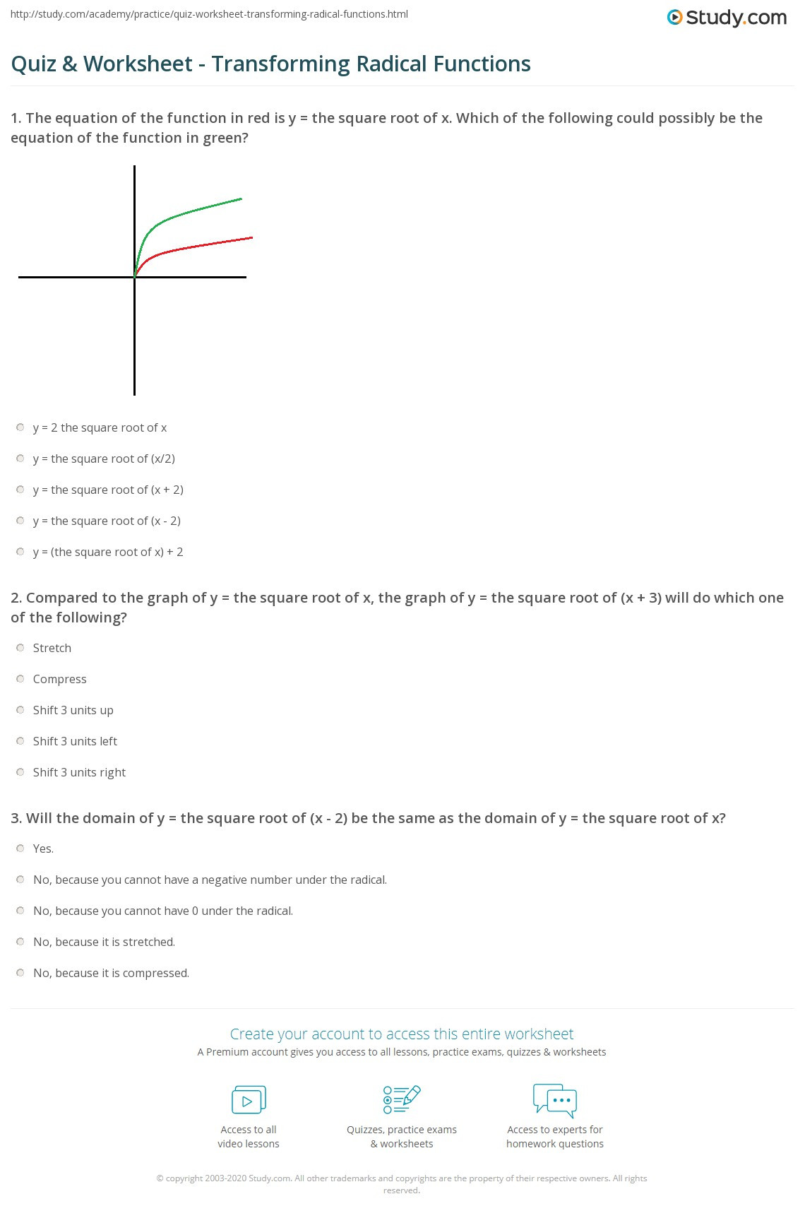 Graphing Inverse Functions Worksheet Quiz &amp; Worksheet Transforming Radical Functions