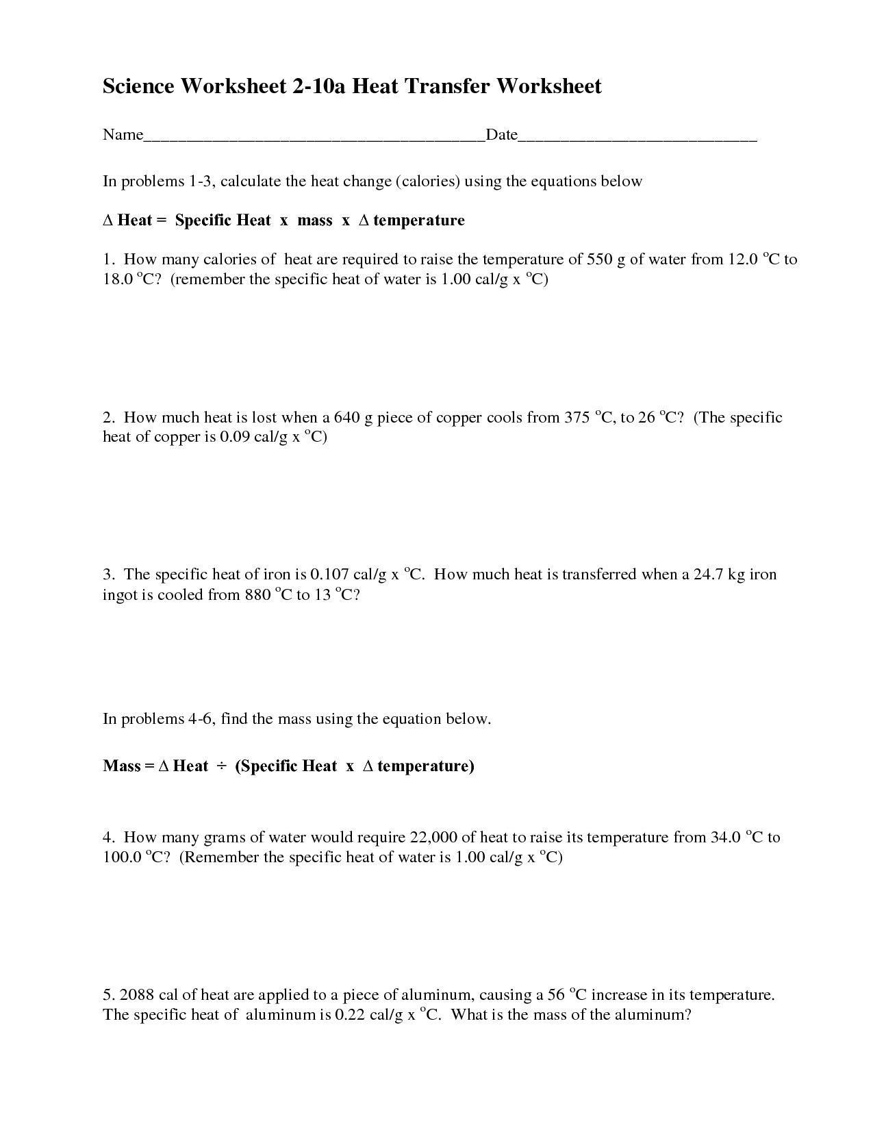 Heat Transfer Worksheet Answers Ac Plished Specific Heat Calculations Worksheet