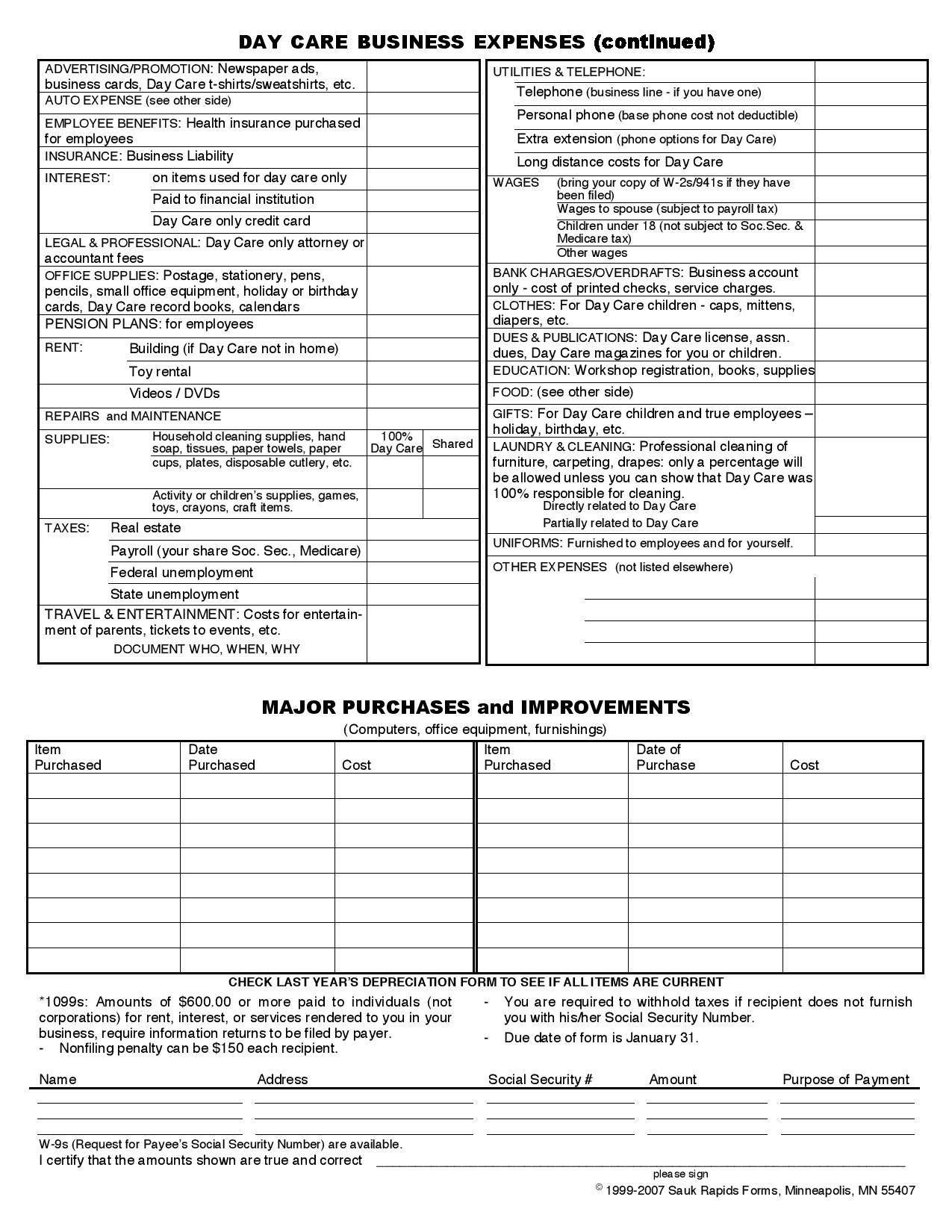 Home Daycare Tax Worksheet Daycare Business In E and Expense Sheet to File Your