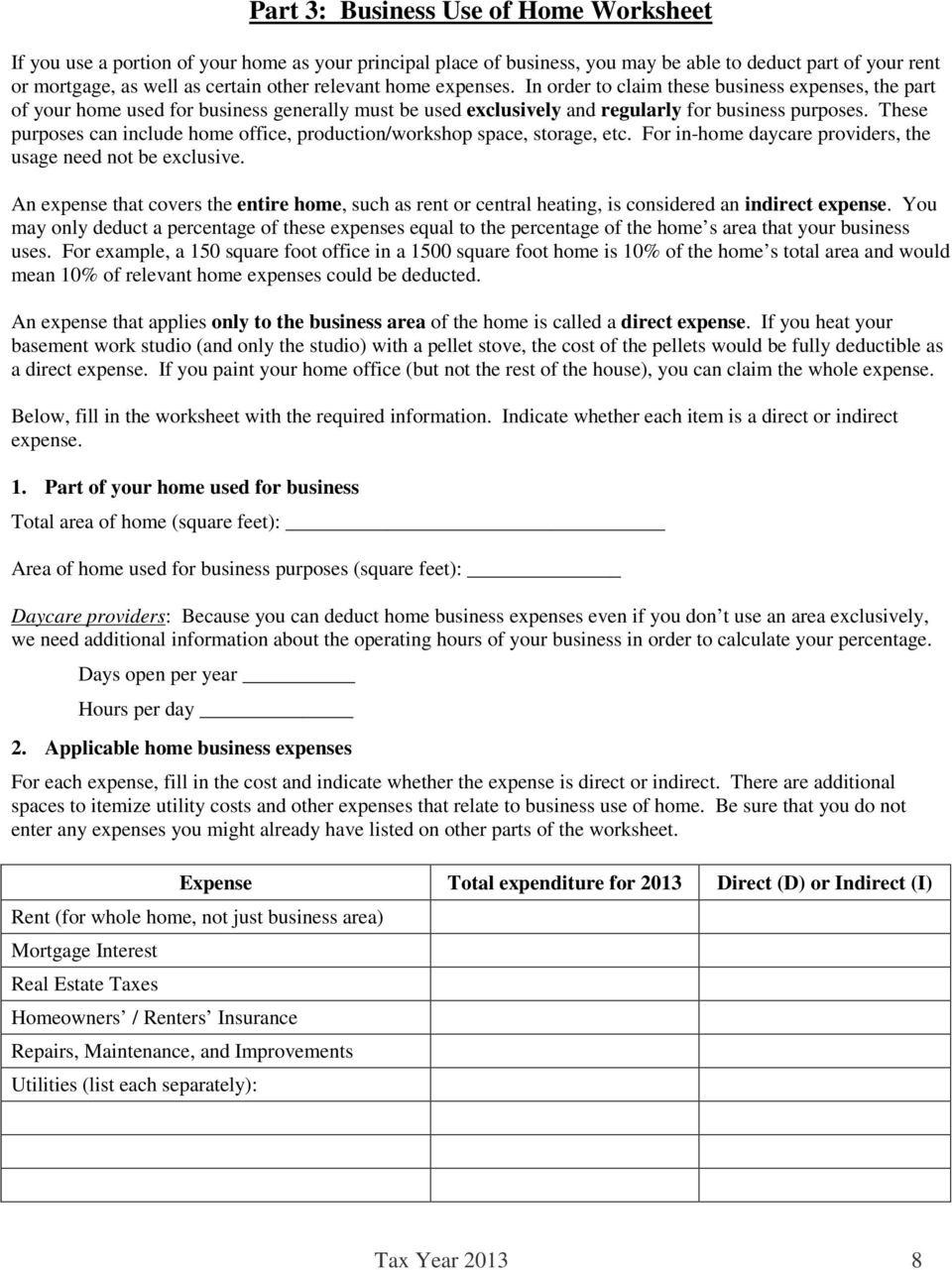 Home Daycare Tax Worksheet Schedule C Worksheet for Self Employed Filers and